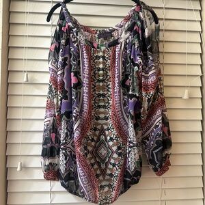 Hale Bob blouse purple, grey black, sheer cold shoulder , loose fit